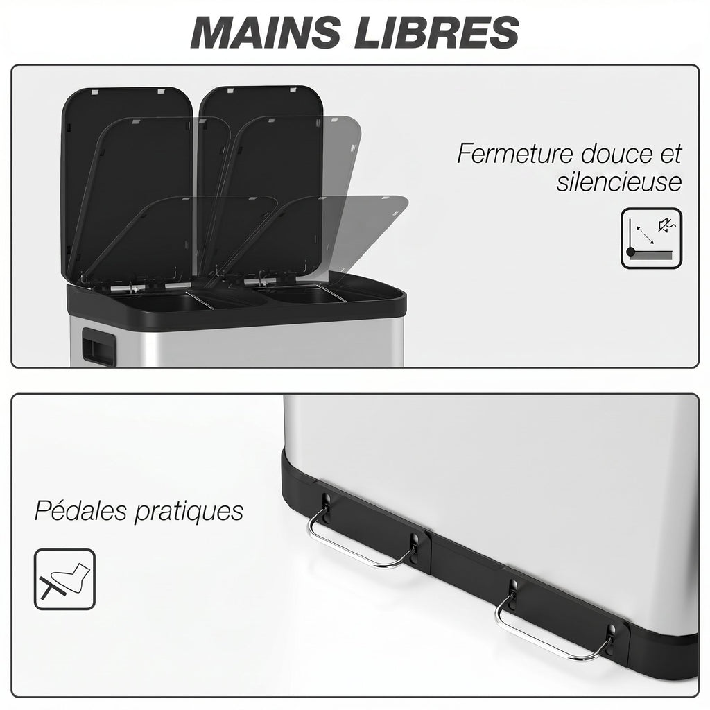 Poubelle de cuisine à double compartiment 2 x 30L avec pédale en acier inoxydable, couvercle à fermeture douce, argent-5