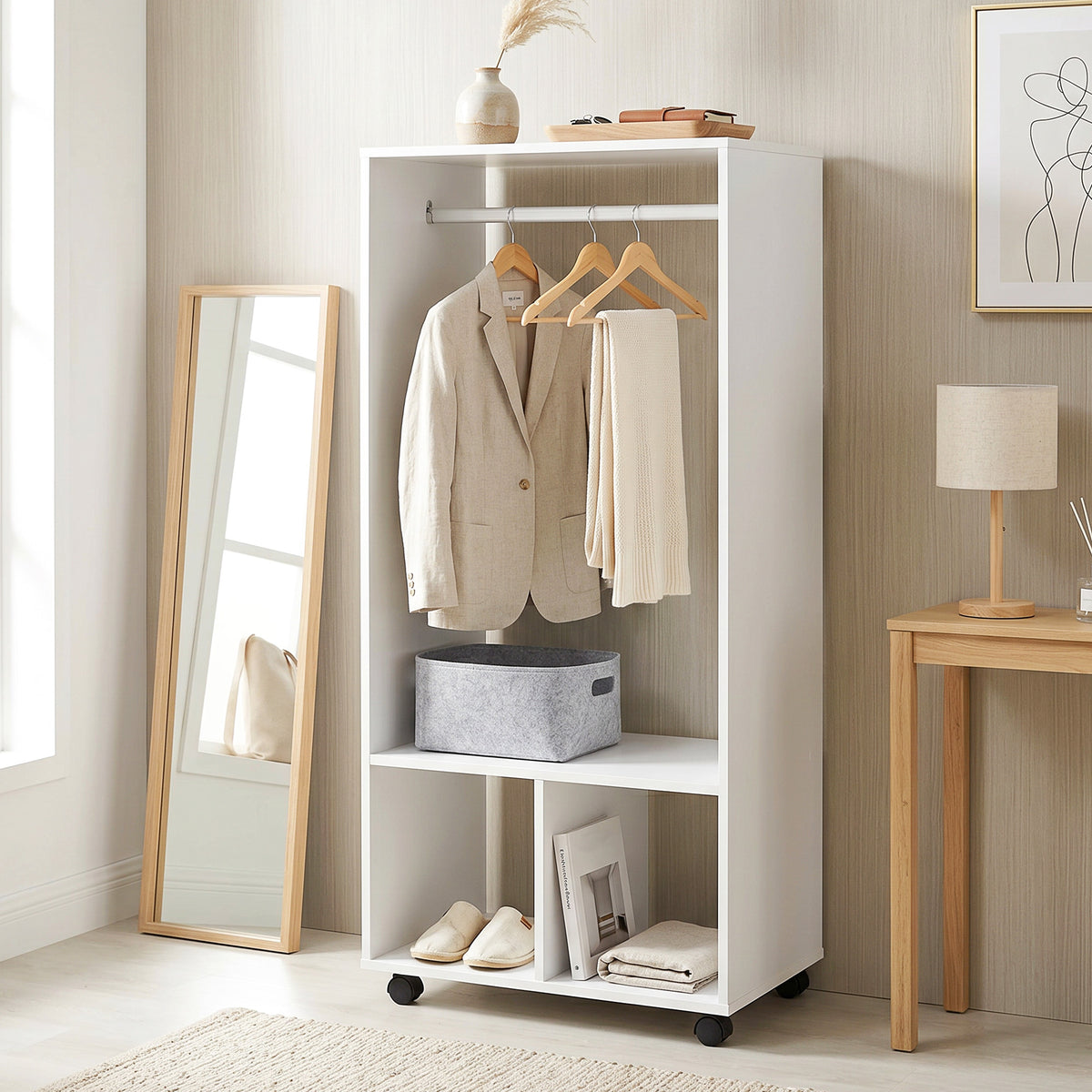Armoire penderie étagère 2 niches 4 roulettes pivotantes dim. 60L x 40l x 128H cm Blanc-7