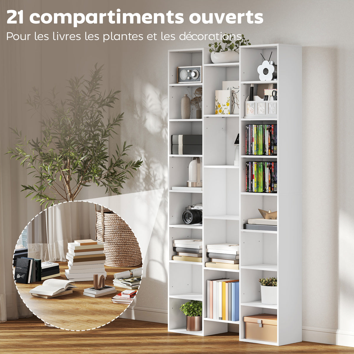 Bibliothèque, étagère à livres, étagère de rangement, 21 compartiments et 10 étagères réglables, 89,5x23,5x181cm, blanc-3