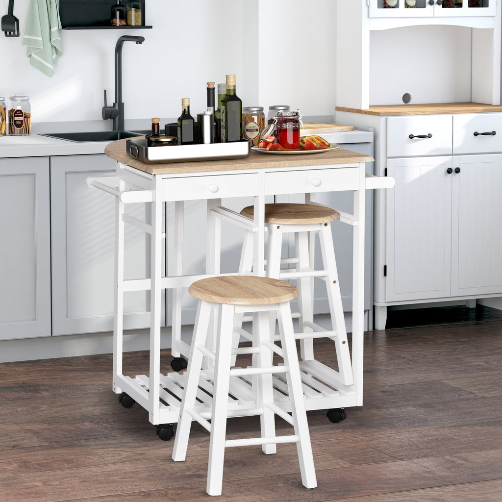 Ensemble Table de Bar Pliable sur roulettes avec étagère et 2 tiroirs + 2 tabourets Bois pin MDF Blanc chêne Clair-9