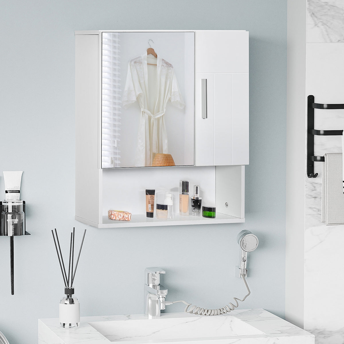 Armoire murale miroir de salle de bain avec portes et étagère réglable - dim. 54L x 15,2l x 55,3H cm blanc-1