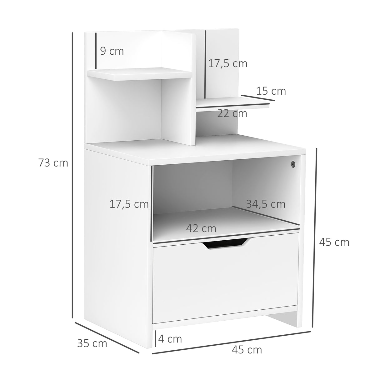 Table de chevet table de nuit avec tiroir, niche et étagères de rangement effet bois 45 x 35 x 73 cm blanc-2