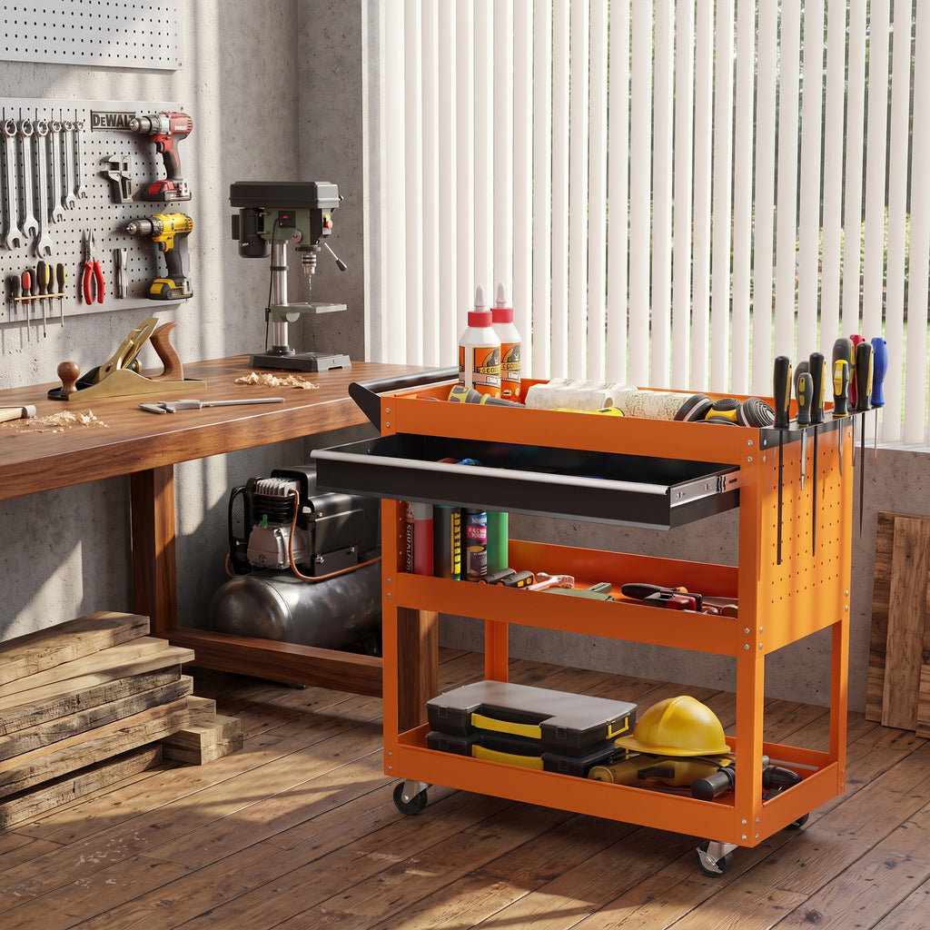 Chariot d'atelier servante atelier à 3 niveaux avec tiroir, porte-outils latéral et poignée, 82x35x76 cm, orange-8