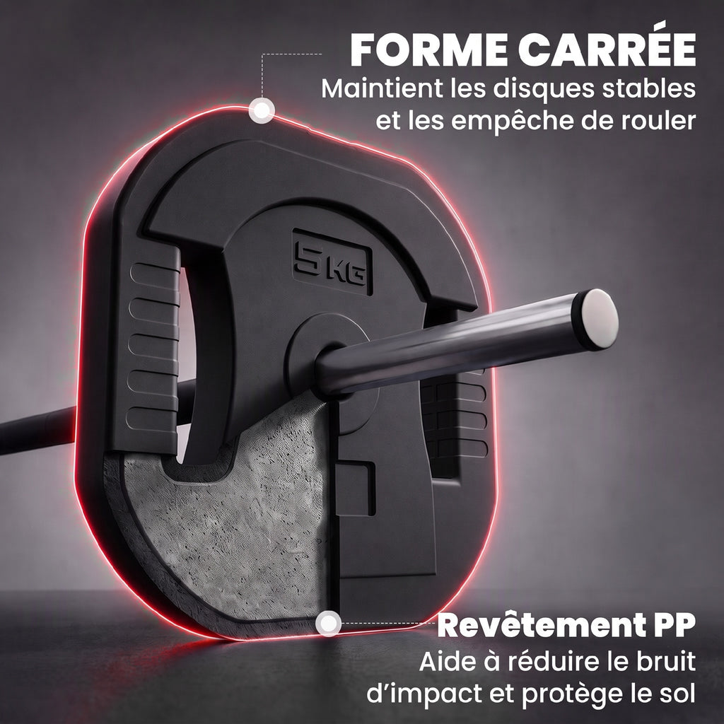 Ensemble d'Haltère 30 kg, Disques Carrés Réglables à Poignées, Barre Antidérapante en Acier 3 Parties, Noir-6