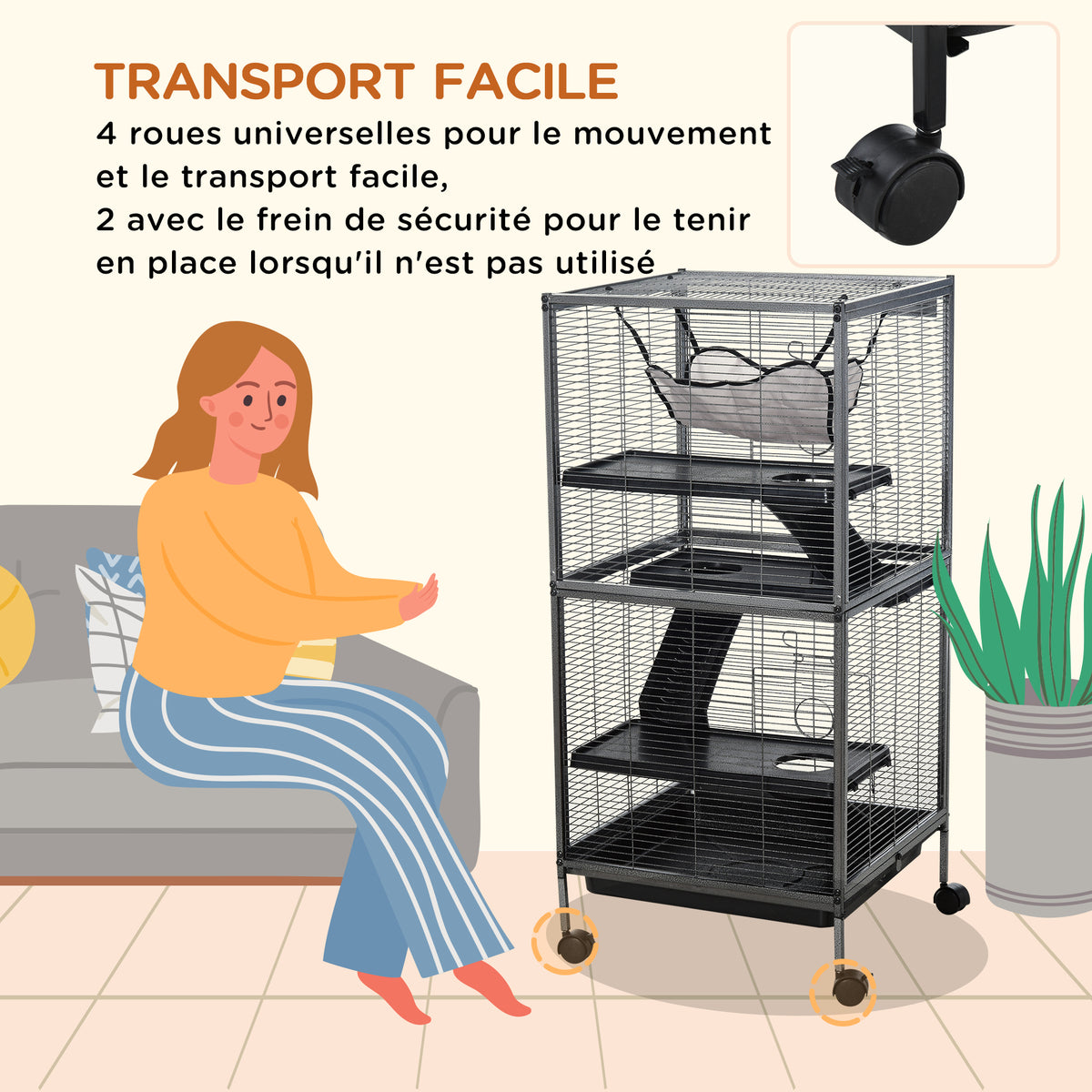 Cage pour Petits Animaux Portable à 4 Niveaux Cage Chinchilla Cage Furet avec Roulettes, 2 Portes, 3 Rampes, Hamac et Plateau Amovible, 52 x 52 x 113,5 cm Gris-4