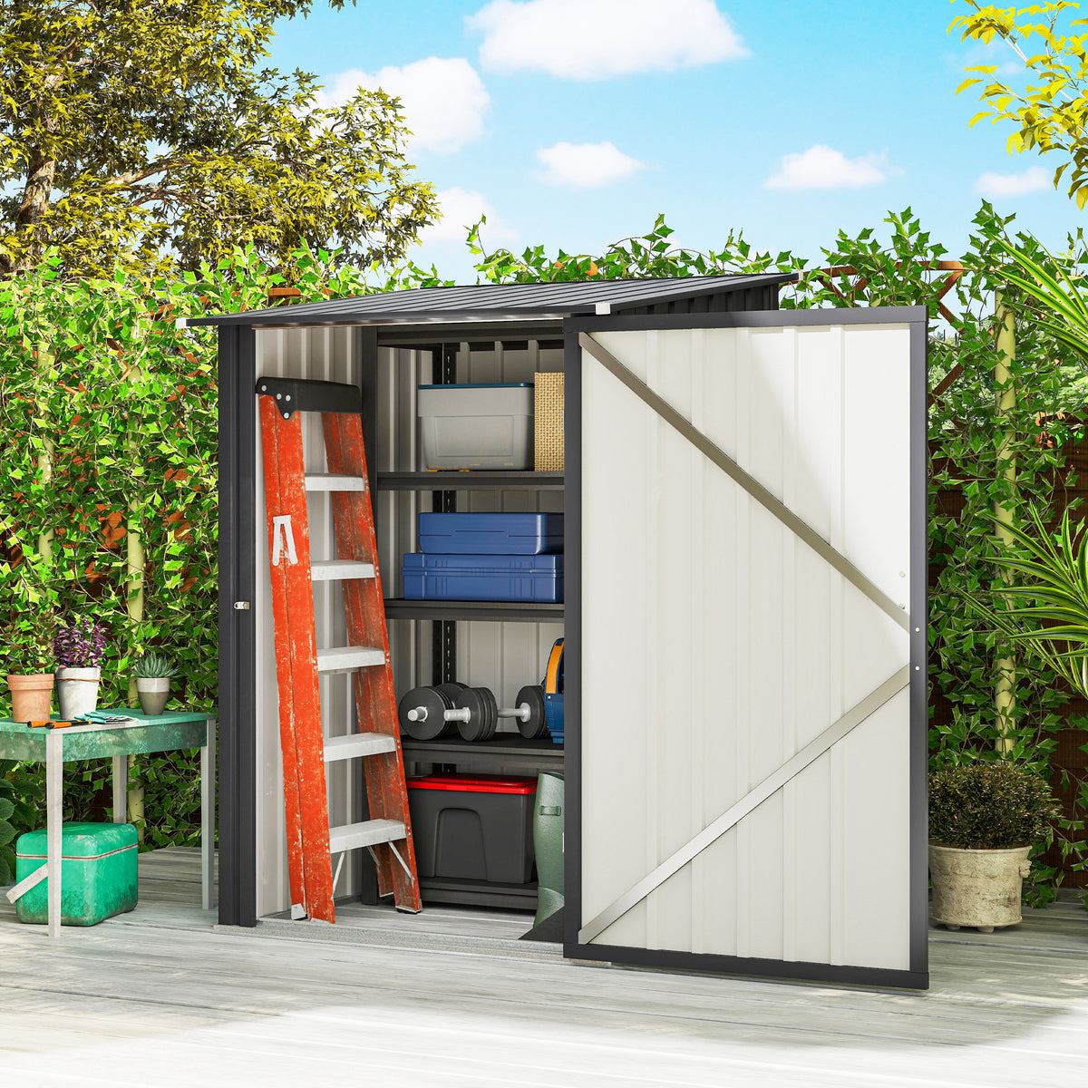 Abri de Jardin en Acier galvanisé 1m², avec Tôle Ondulée, Toit Incliné et Porte Verrouillable, 100x104x160cm, Gris Foncé-1