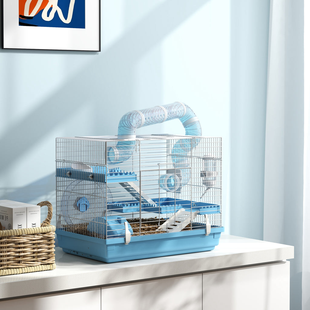 Cage pour hamster portable avec cabane, roue de course, gamelle, bouteille d'eau, 47,5 x 31,5 x 29,5 cm, bleu clair-9