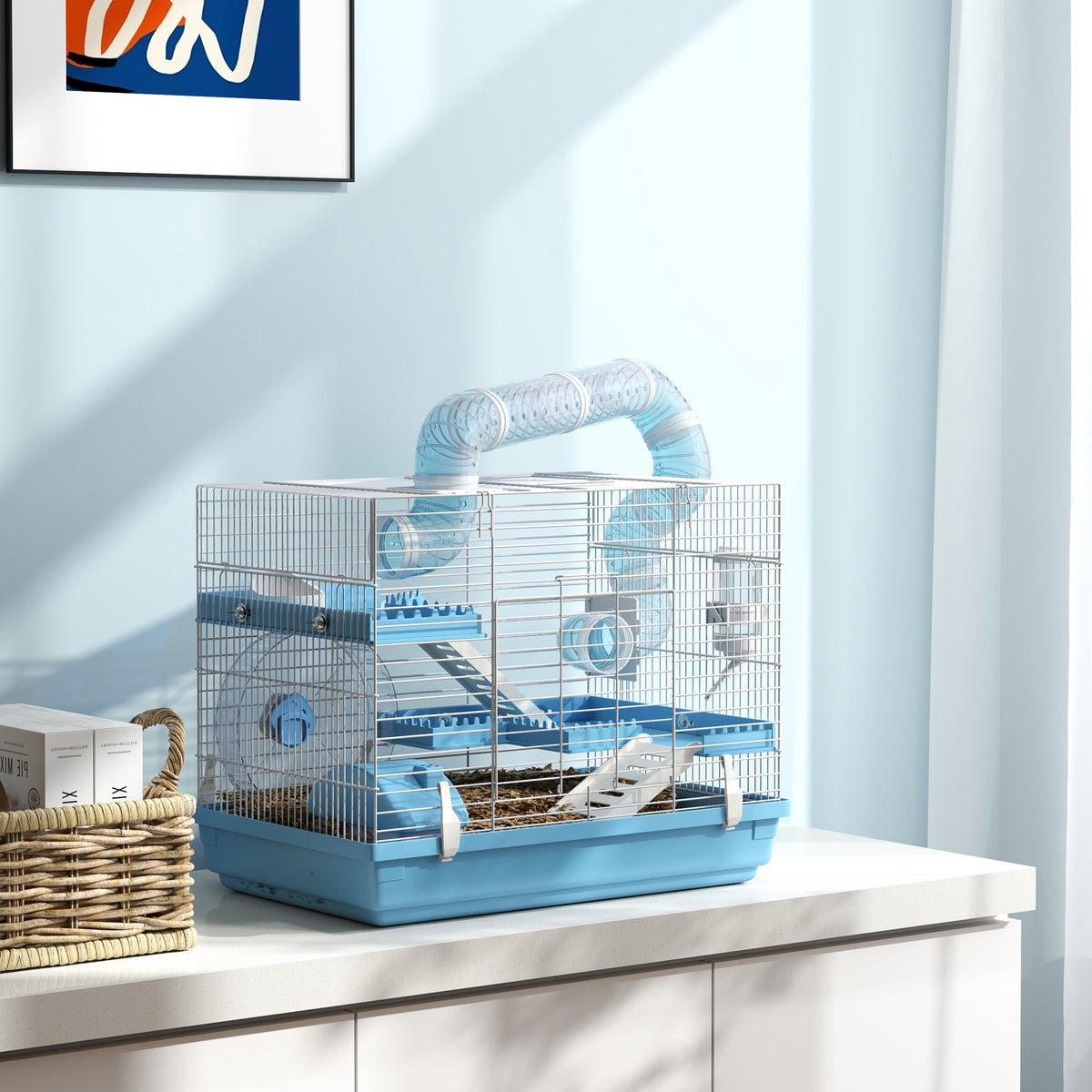 Cage pour hamster portable avec cabane, roue de course, gamelle, bouteille d'eau, 47,5 x 31,5 x 29,5 cm, bleu clair-9