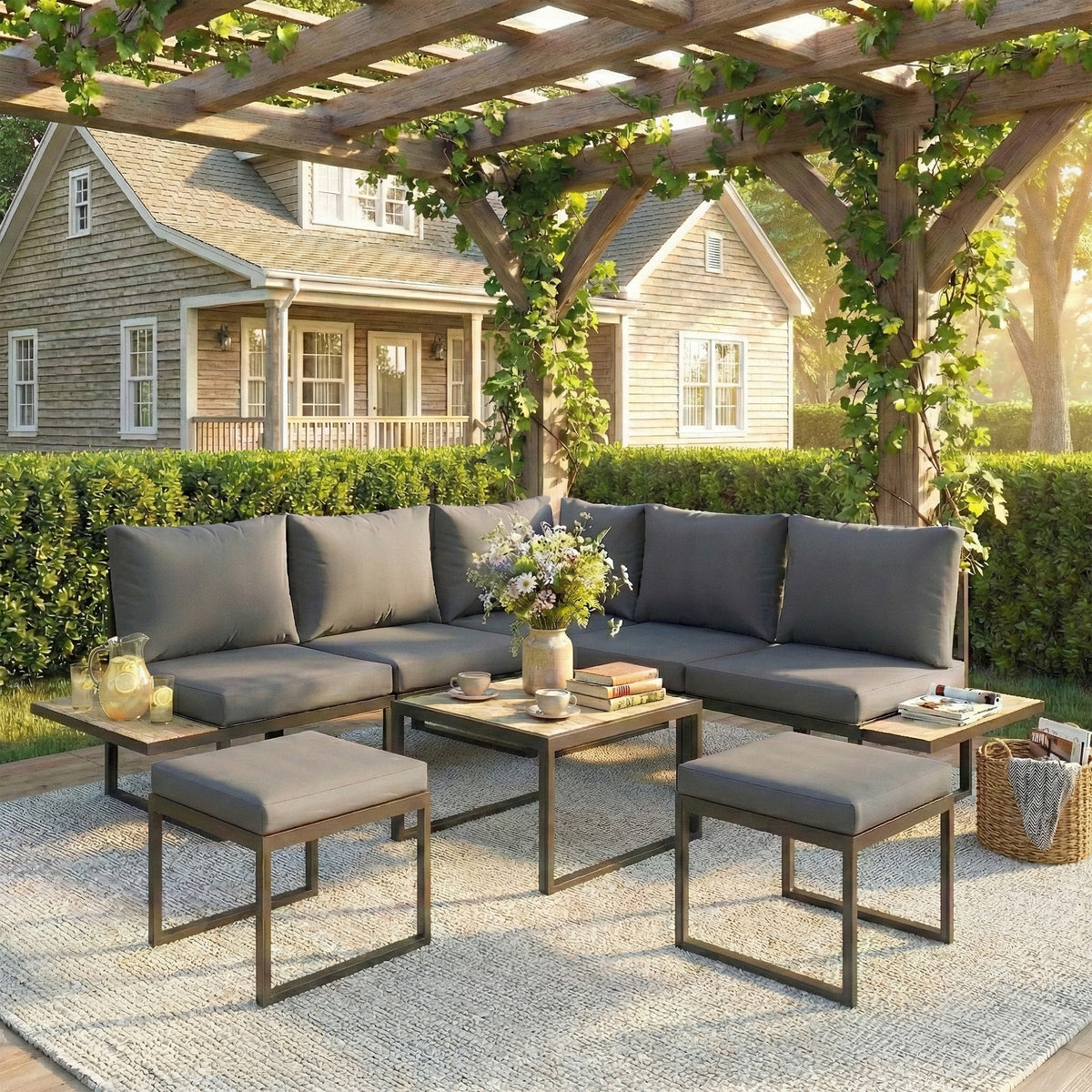 Salon de jardin extérieur 6 personnes modulable table basse et plateaux latéraux en bois PSPC coussins épais 10cm gris-1