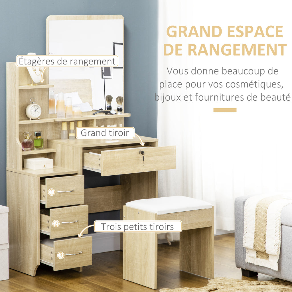 Ensemble de coiffeuse table de maquillage avec tabouret rembourré grand miroir + plusieurs étagères ouvertes + 4 tiroirs bois naturel-4