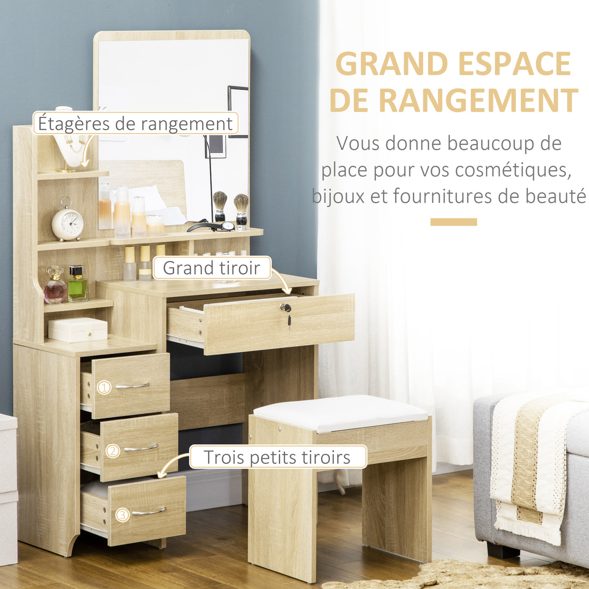 Ensemble de coiffeuse table de maquillage avec tabouret rembourré grand miroir + plusieurs étagères ouvertes + 4 tiroirs bois naturel-4