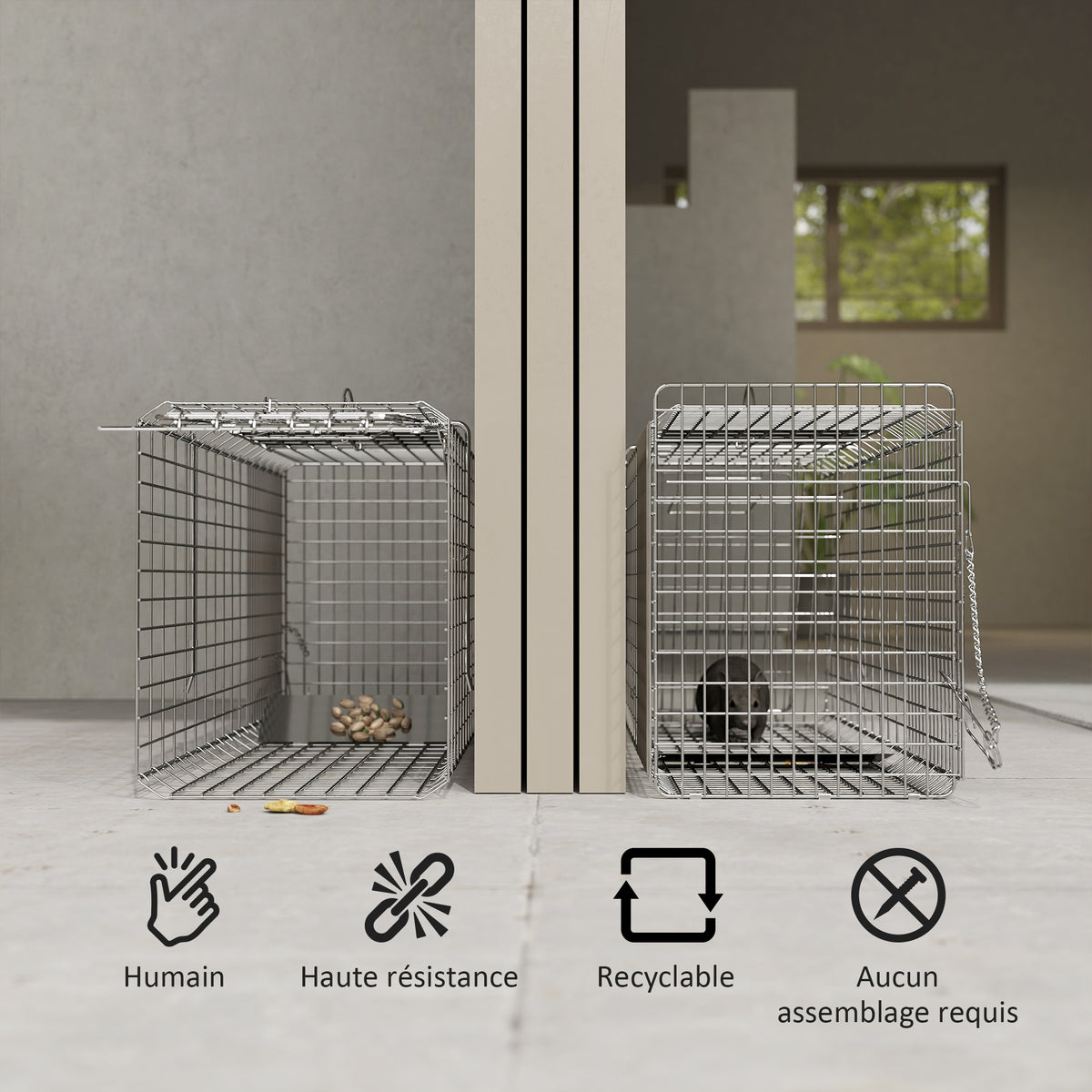 Piège cage de capture pliante pour petits animaux type rats et souris - 2 portes poignée 81 x 26 x 34,5 cm acier gris-3
