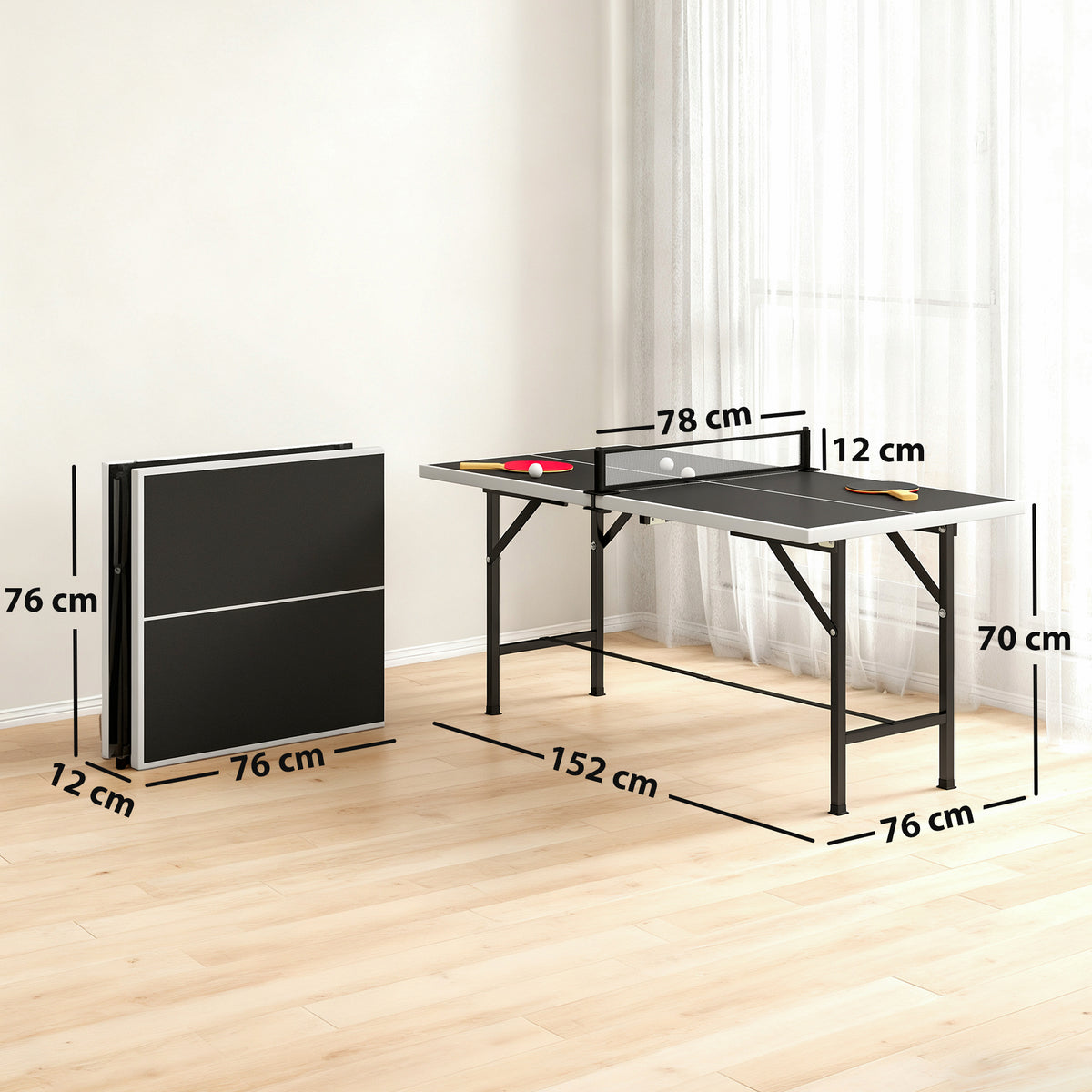 Mini Table de Ping-Pong Pliable Extérieur Intérieur avec 2 Raquettes en Bois Massif 3 Balles et Filet 152x76x70cm Noir-2