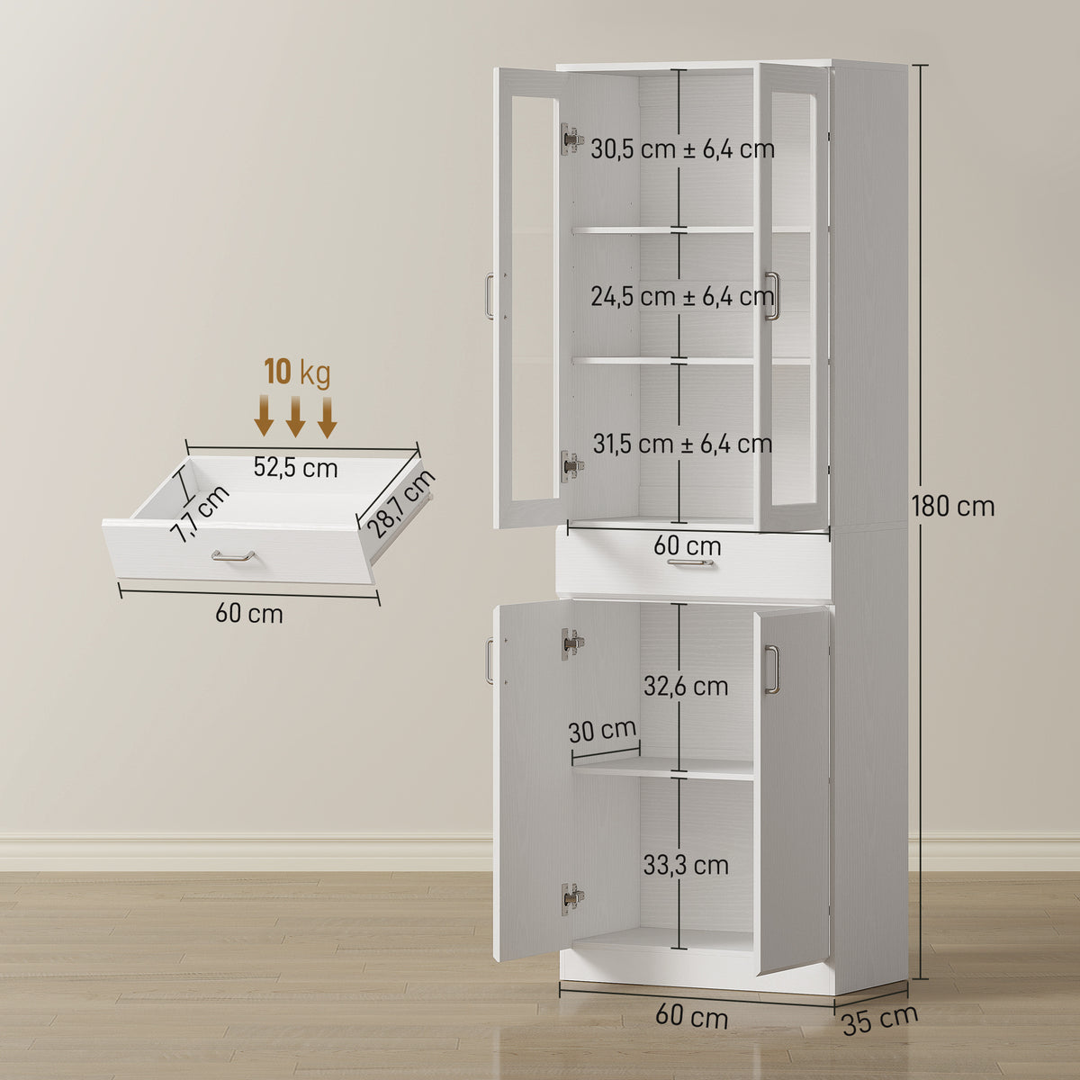 Buffet haut cuisine, armoire de cuisine, 4 portes dont 2 en verre, tiroirs, étagères réglables, 60x35x180cm, blanc-2