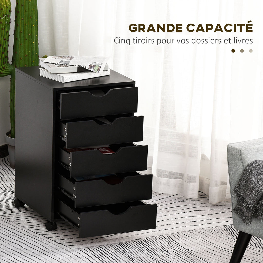 Caisson bureau mobile, meuble rangement bureau sur roulettes, 5 tiroirs, 40 x 40 x 67 cm, noir-3