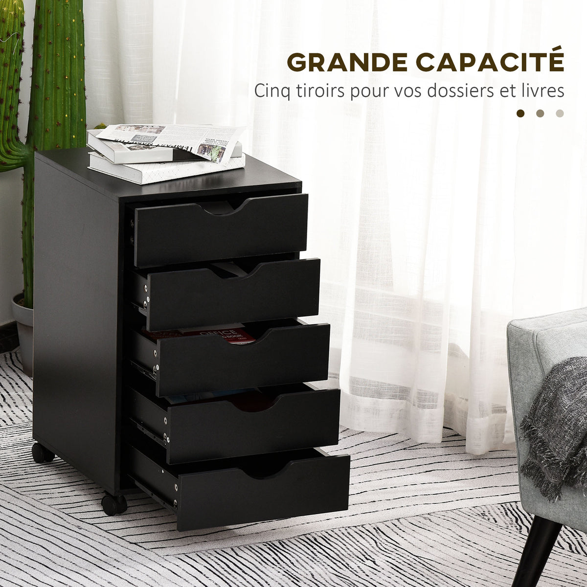 Caisson bureau mobile, meuble rangement bureau sur roulettes, 5 tiroirs, 40 x 40 x 67 cm, noir-3