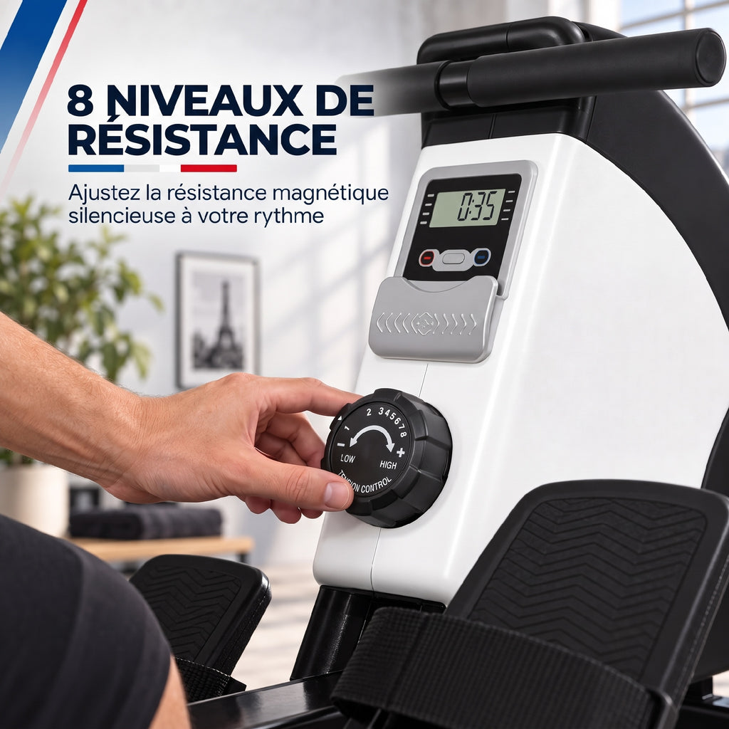 Rameur d'appartement pliable - 8 niveaux de résistance magnétique, écran LCD - acier noir blanc-4