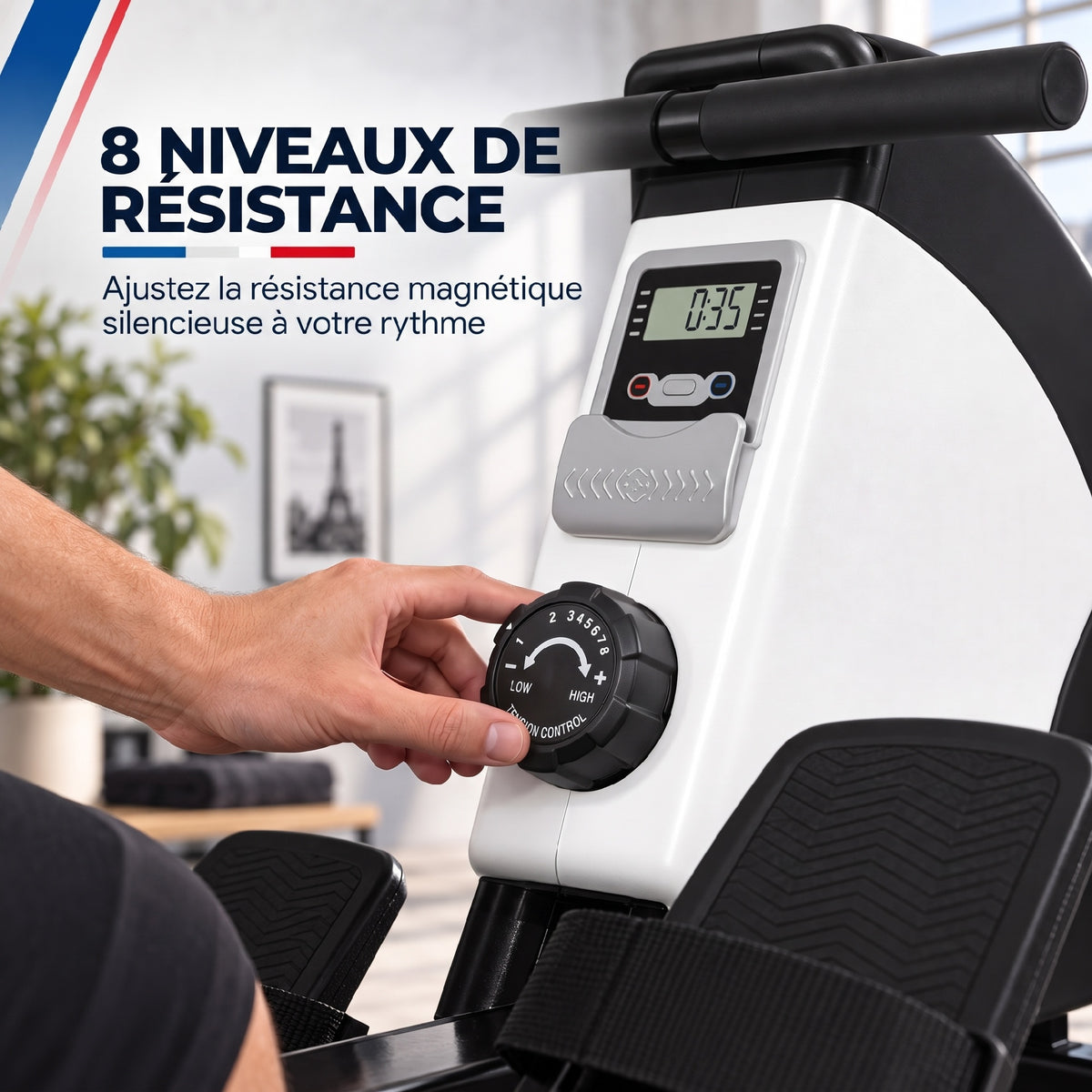 Rameur d'appartement pliable - .fr x FFHandball - 8 niveaux de résistance magnétique, écran LCD - acier noir blanc-4