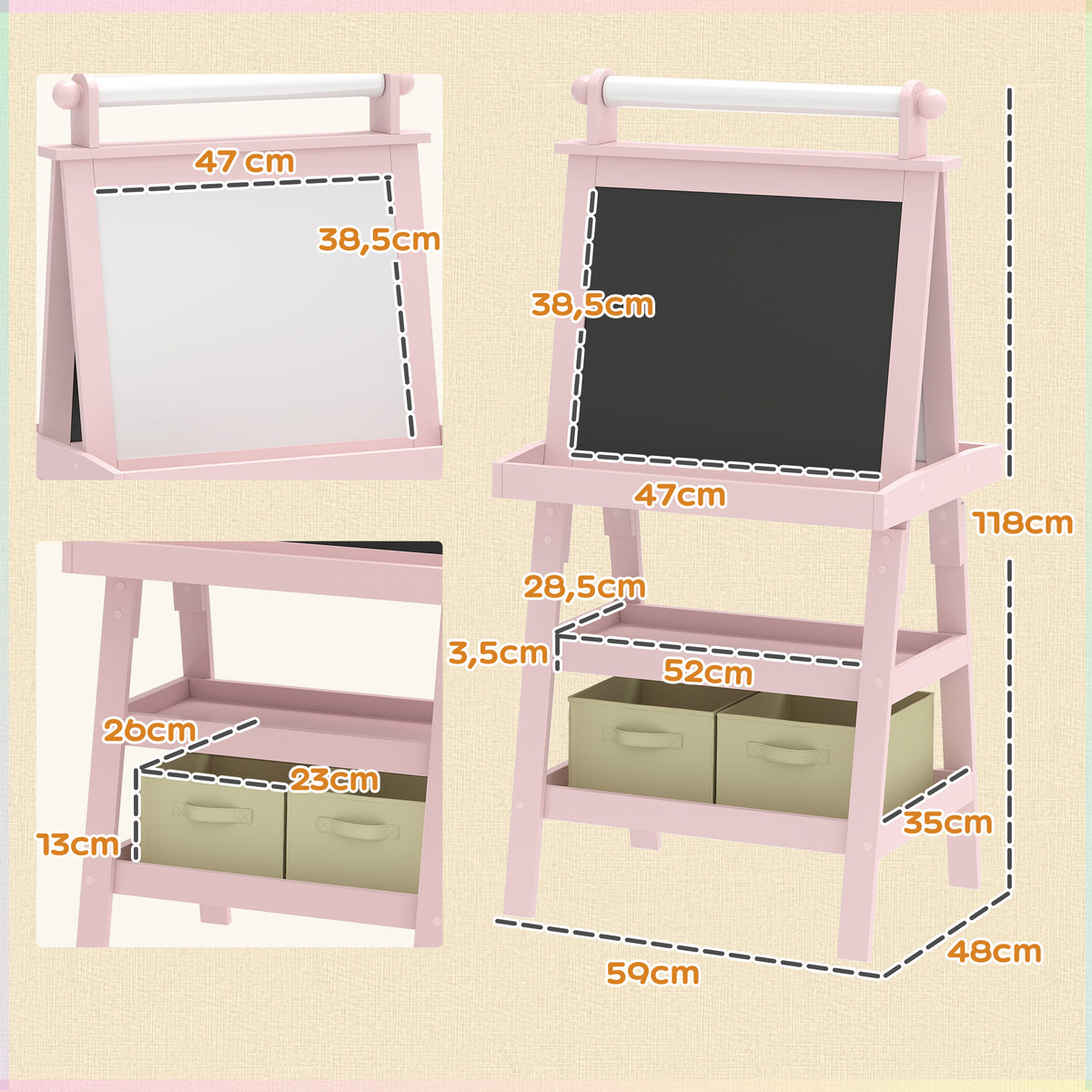 Tableau chevalet enfant 3 en 1 avec tableau blanc magnétique, tableau à craie, rouleau papier, 2 paniers, 3-6 ans, rose-2