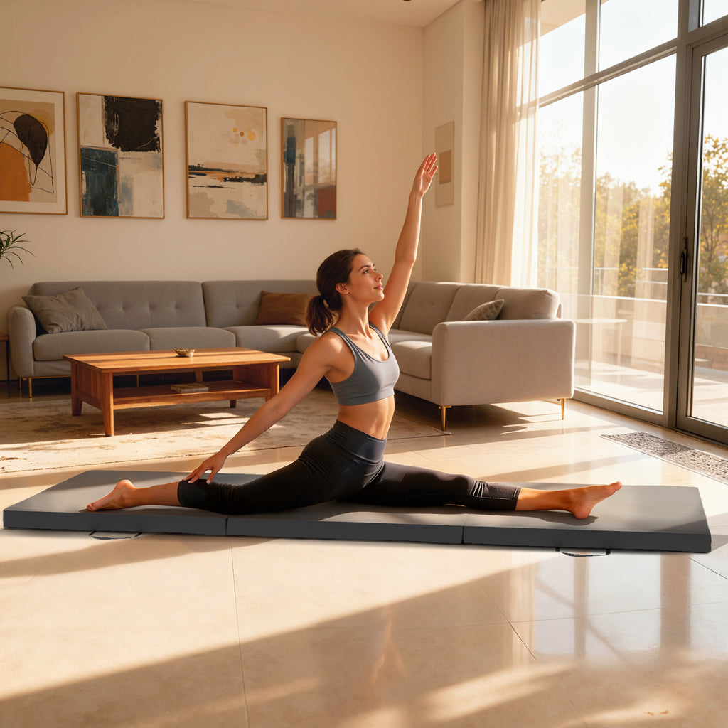 Tapis de gymnastique yoga pilates fitness pliable en 3 panneaux avec poignées revêtement synthétique 180 x 60 x 5cm gris-6