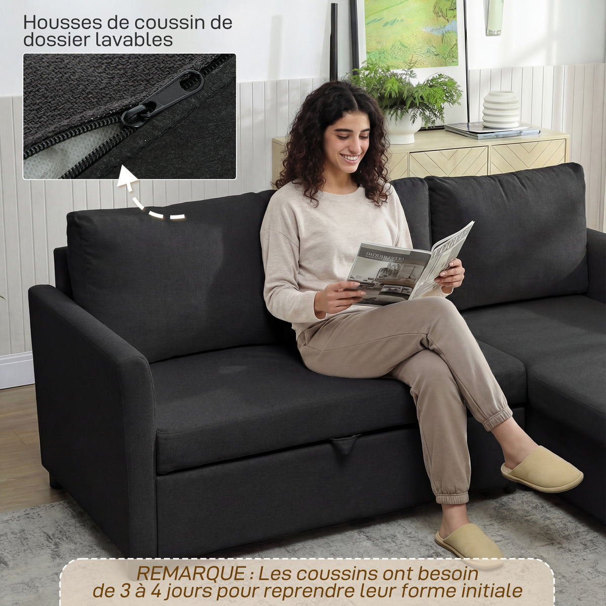 Canapé d'Angle Convertible, Canapé-Lit 3 Places 192 cm avec Méridienne Réversible, Rangement Caché, Gris Anthracite-7