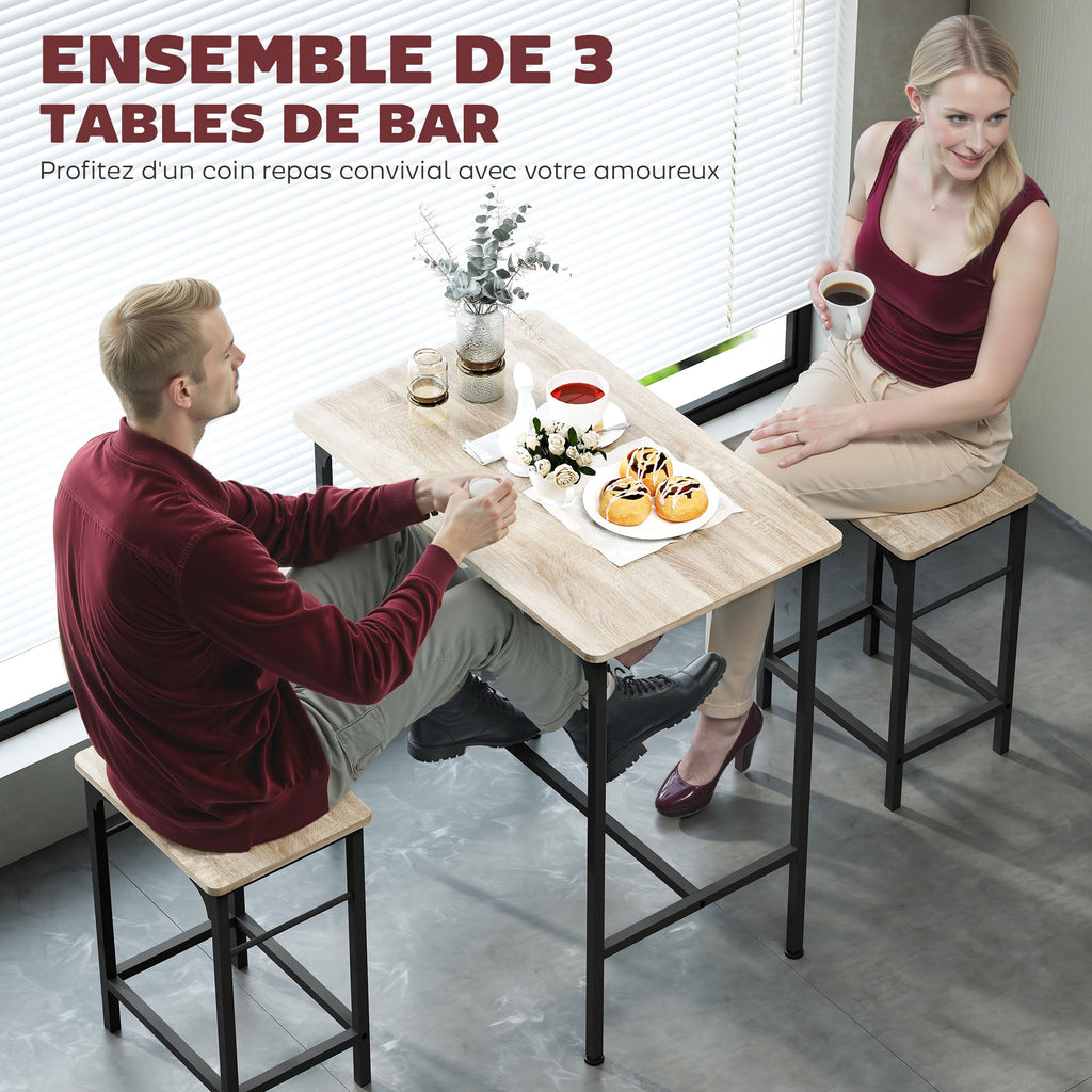 Ensemble table de bar avec 2 tabourets, cadre en acier pour cuisine, salle à manger et salon, effet bois naturel-3