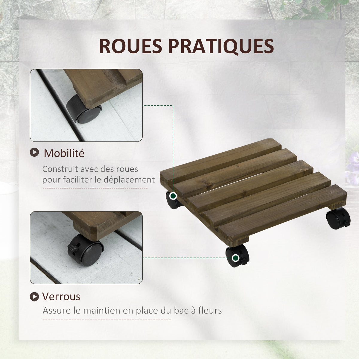 Lot de 2 supports pour plantes carrés porte plante à roulettes support pour pot de fleurs, pour intérieur et extérieur-3