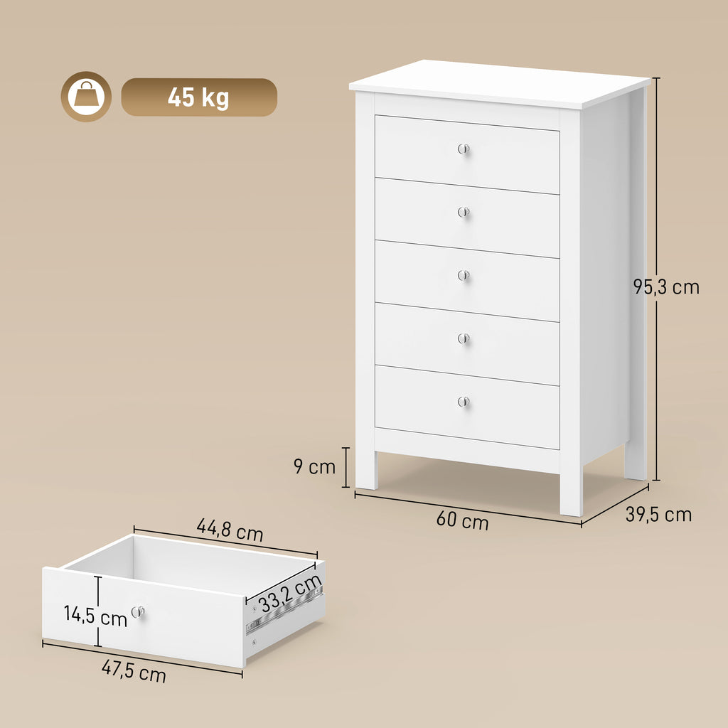 Commode 5 Tiroirs, Meuble de Rangement avec Glissières Fluides, Chiffonnier, Style Moderne, 60 x 39,5 x 95,3 cm, Blanc-2