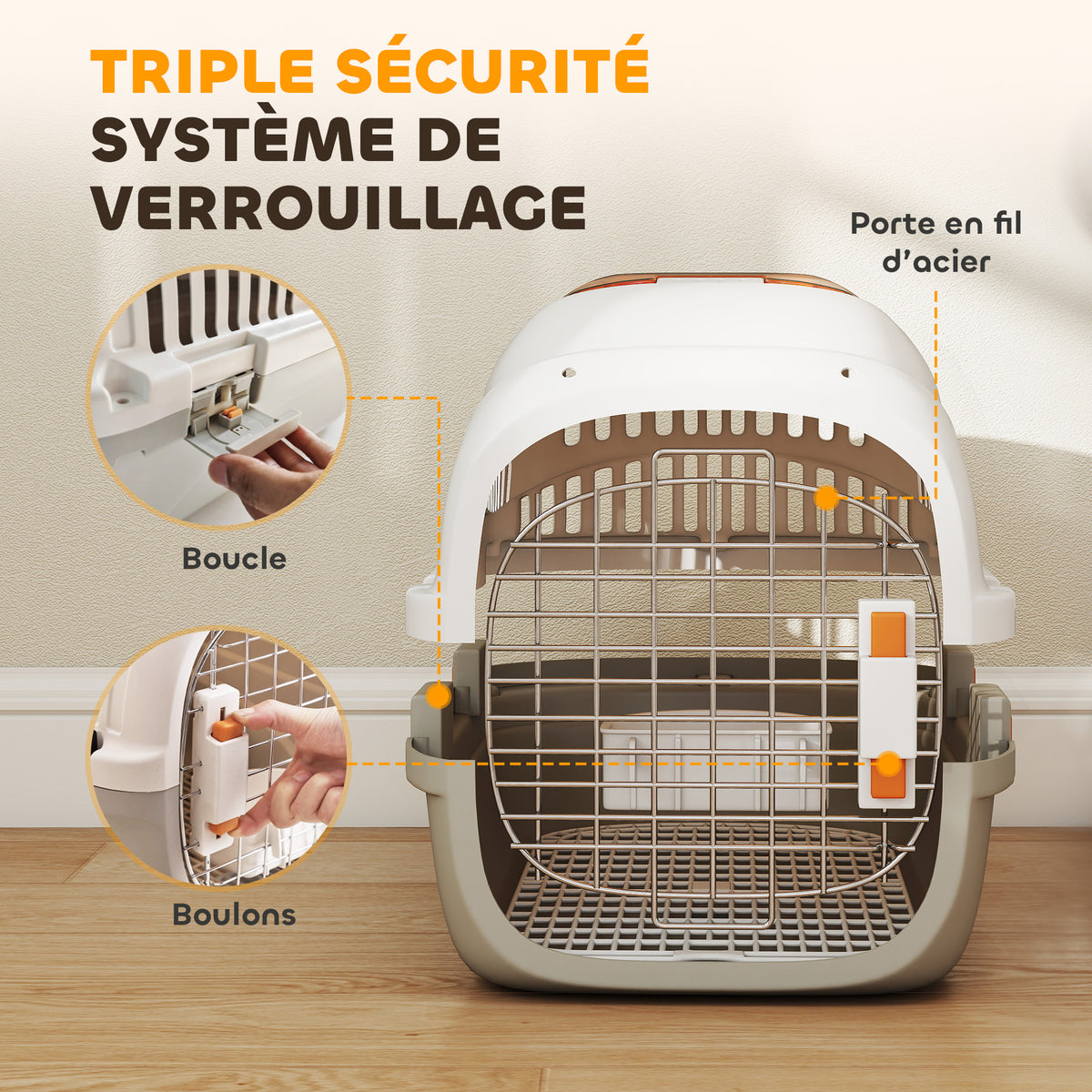 Caisse de transport chat et chien, cage de transport avec porte acier, bol de nourriture, 49 x 32 x 31 cm, gris et crème-4