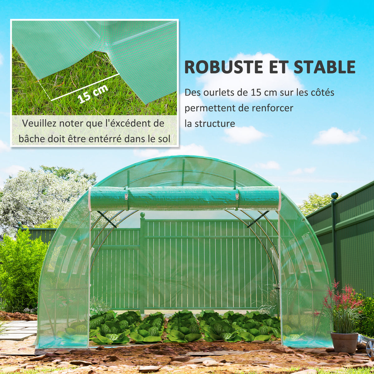 Bâche de rechange serre tunnel 12 m² 4 x 3 x 2 m PE anti-UV imperméable 8 fenêtres + porte enroulable zippée vert-4