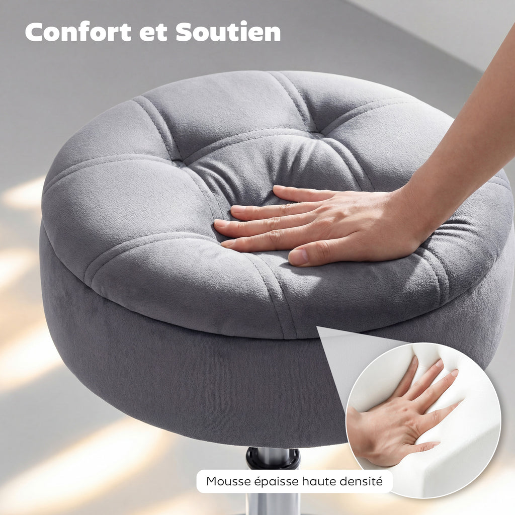 Tabouret de coiffeuse en velours, tabouret de maquillage pivotant avec rangement, hauteur réglable de 49-65 cm, gris-3