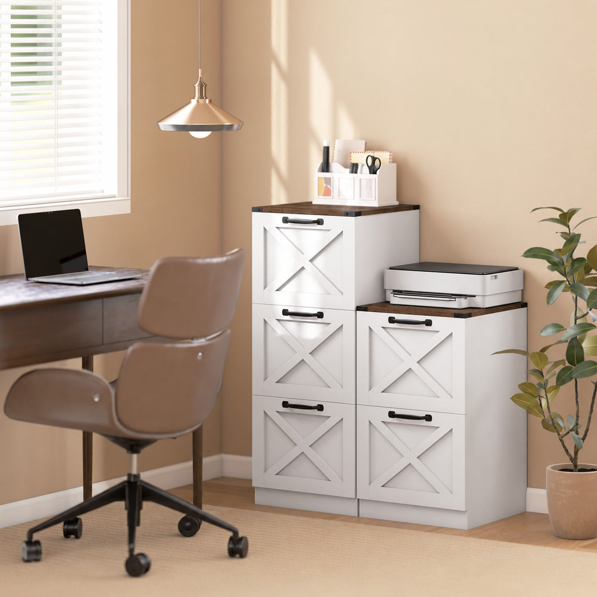 Caisson de Bureau avec 2 Tiroirs, Dossiers Suspendus pour Formats Lettre/A4, Style Rustique, 40x40x71cm, Blanc-7
