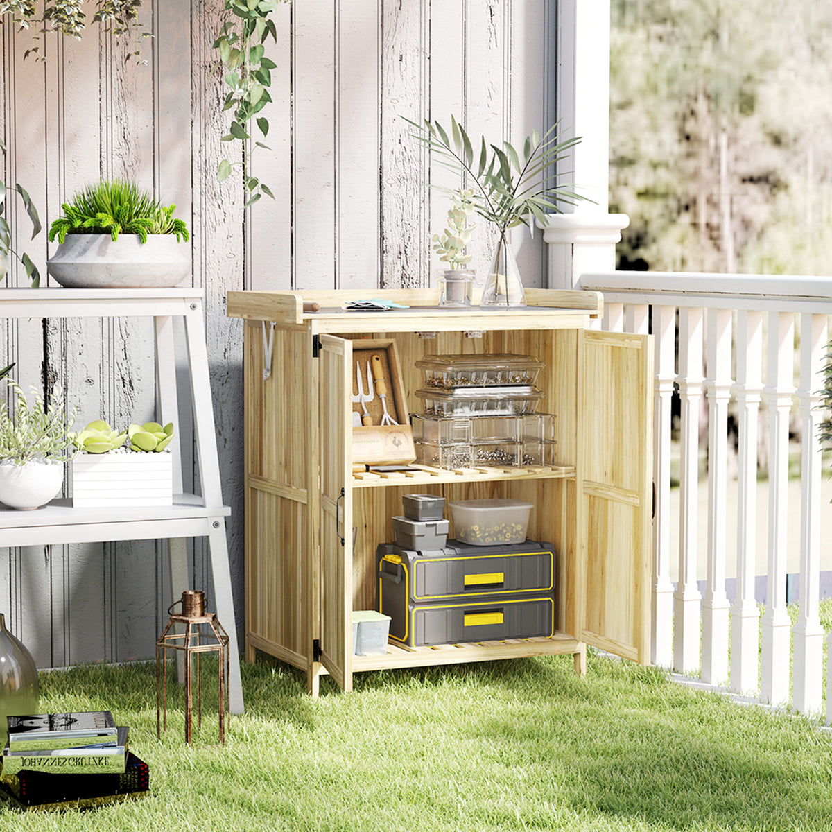 Armoire de jardin en bois abri de jardin avec 2 portes, toit à charnières et étagère, 74 x 43 x 88 cm, bois naturel-1