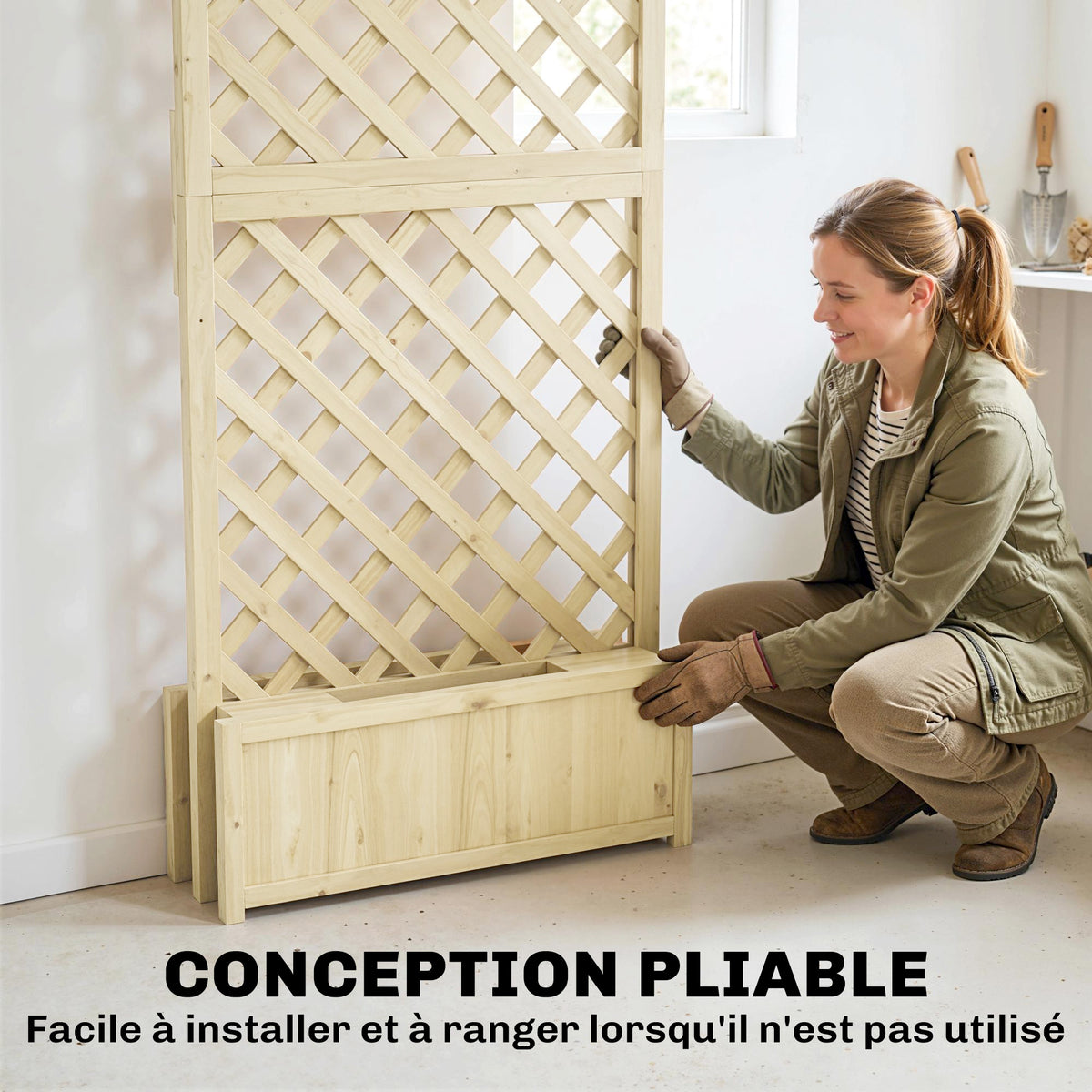 Jardinière avec Treillis Carré Potager Bois Pliable Double Bac à Fleurs pour Plantes Grimpantes 73 x 70 x 170 cm Naturel-4