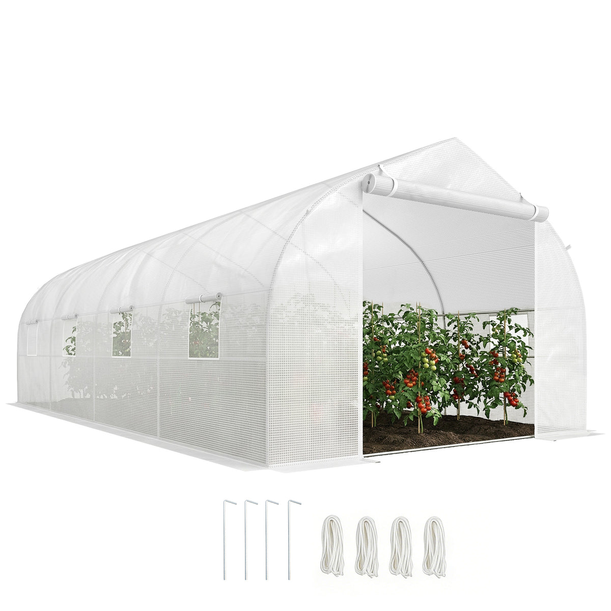 Serre Tunnel de Jardin 18 m² dim. 5,95L x 3l x 2H m Porte + 8 fenêtres enroulables Acier galvanisé bâche PE Haute densité Blanc-0