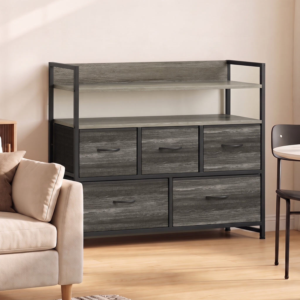 Commode 5 Tiroirs en Tissu Pliables, Meuble de Rangement avec Étagères Ouvertes, Plateau Supérieur, Gris-1