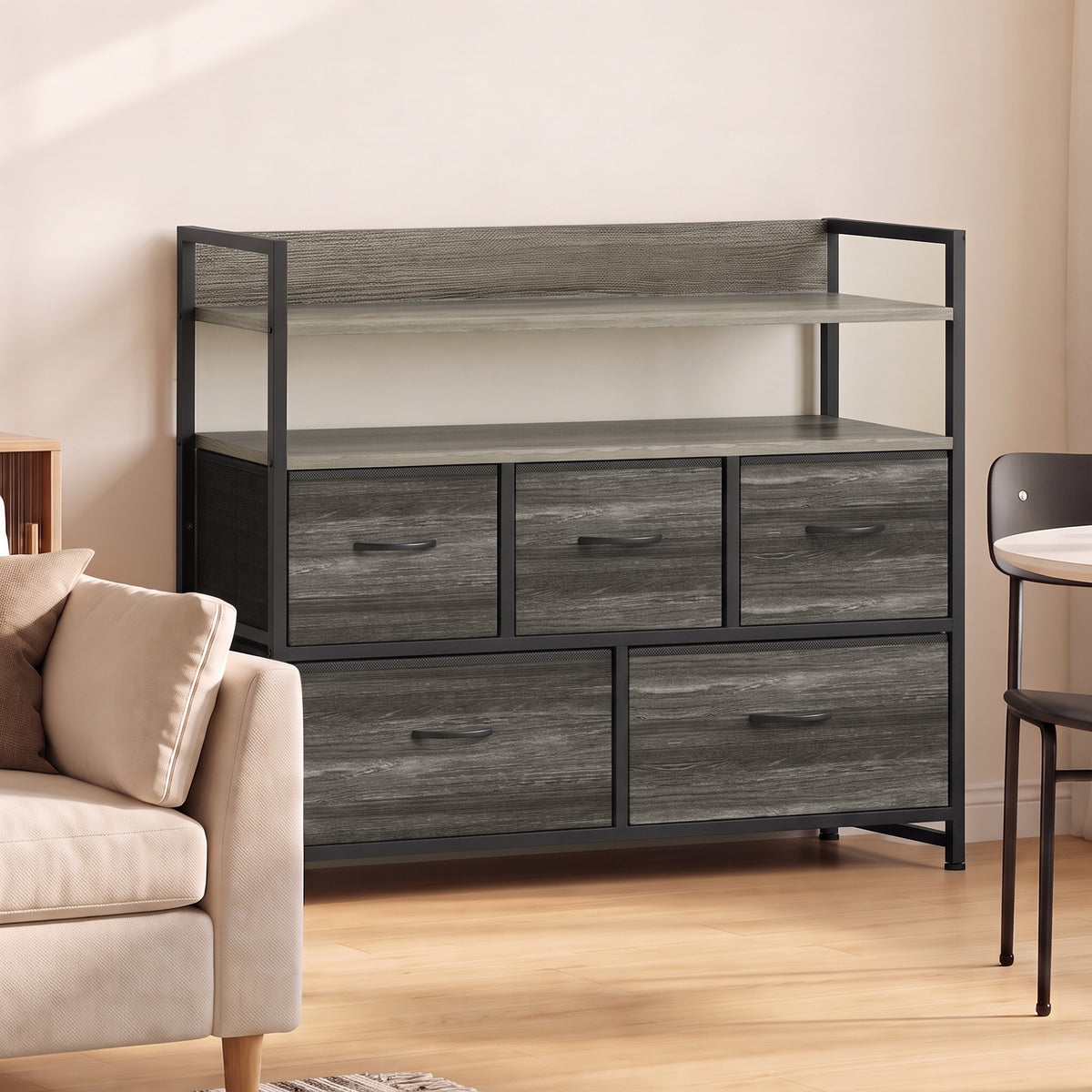 Commode 5 Tiroirs en Tissu Pliables, Meuble de Rangement avec Étagères Ouvertes, Plateau Supérieur, Gris-1