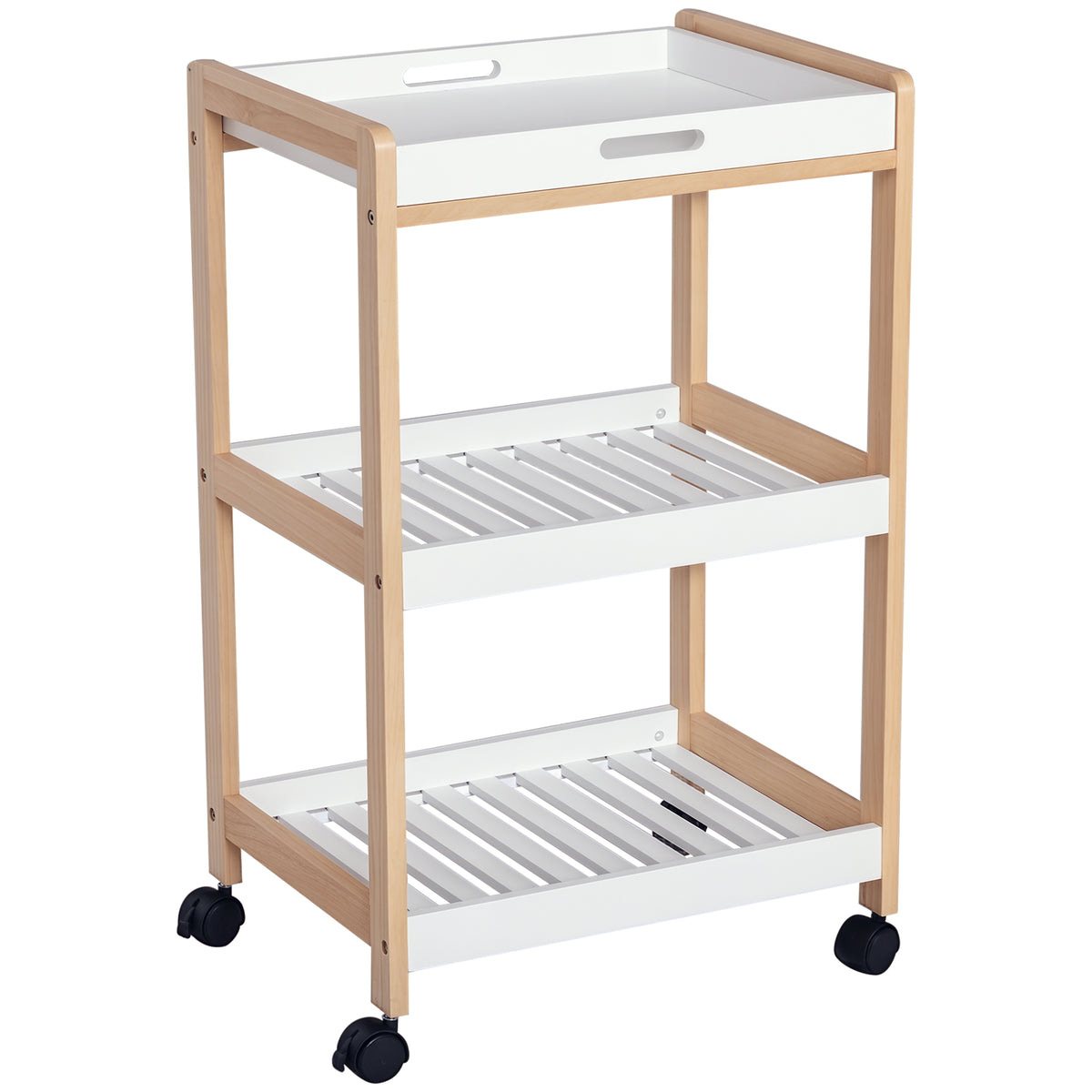 Chariot de service desserte de cuisine à roulettes 2 étagères + plateau amovible bois de pin MDF blanc-0