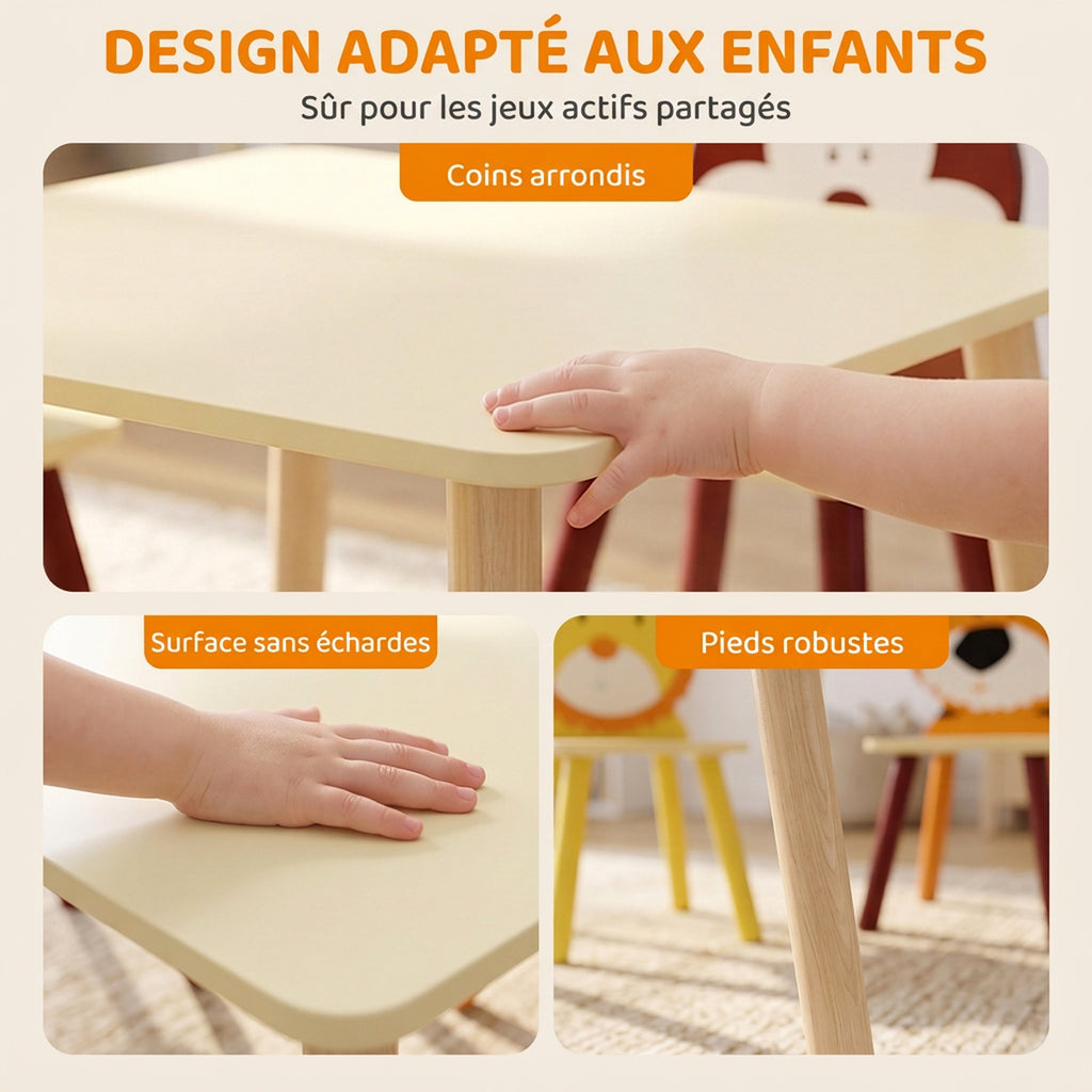Ensembl Table pour Enfant avec 4 Chaises 5 Pièces en Bois, Dossier en Forme Animale, Coins Arrondis, 3-8 Ans, Jaune-6