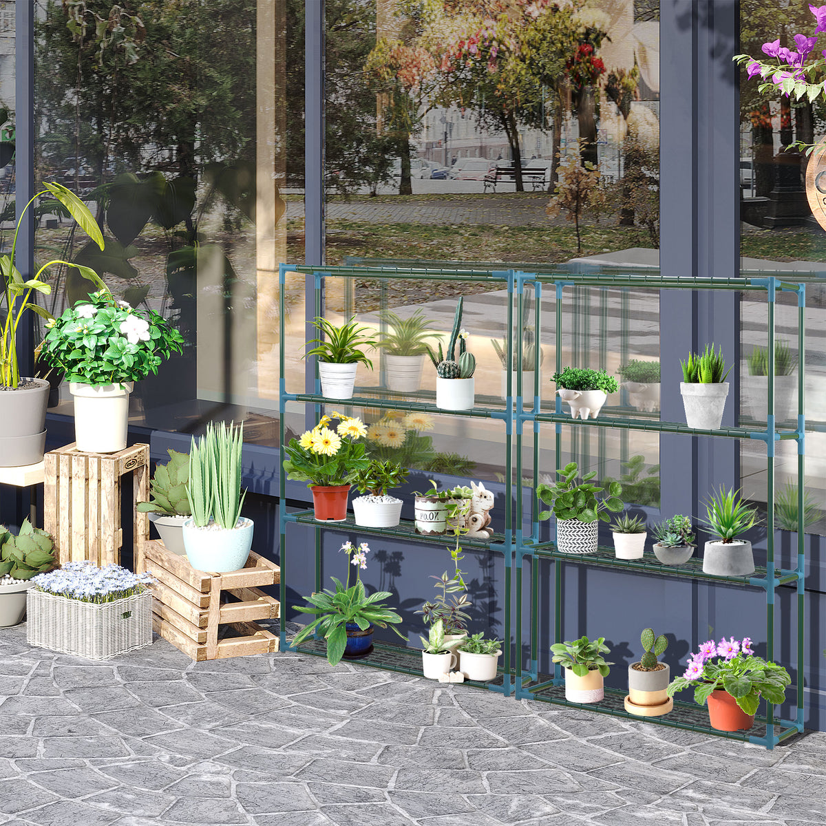 Lot de 2 Étagères à Fleurs en acier 4 Niveaux Intérieur et Extérieur, support de plantes 70 x 27 x 110 cm, vert-9