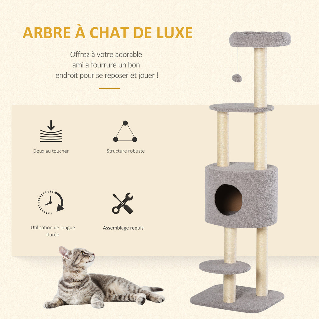 Arbre à chats avec griffoir arbre à grimper pour chat avec niche et plate-formes peluche hauteur 148 cm gris-3