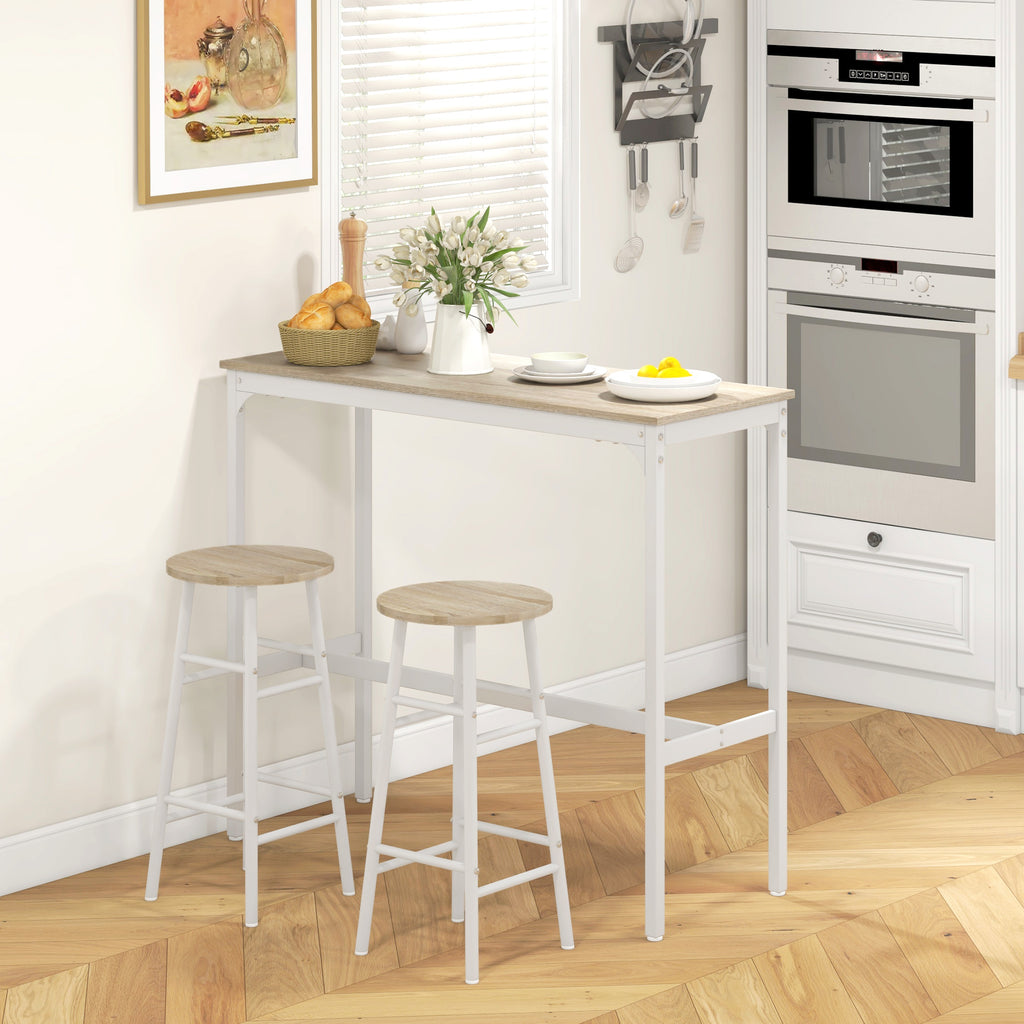 Ensemble table haute de bar + 2 tabourets structure en acier plateau aspect bois naturel 2 personnes blanc-1