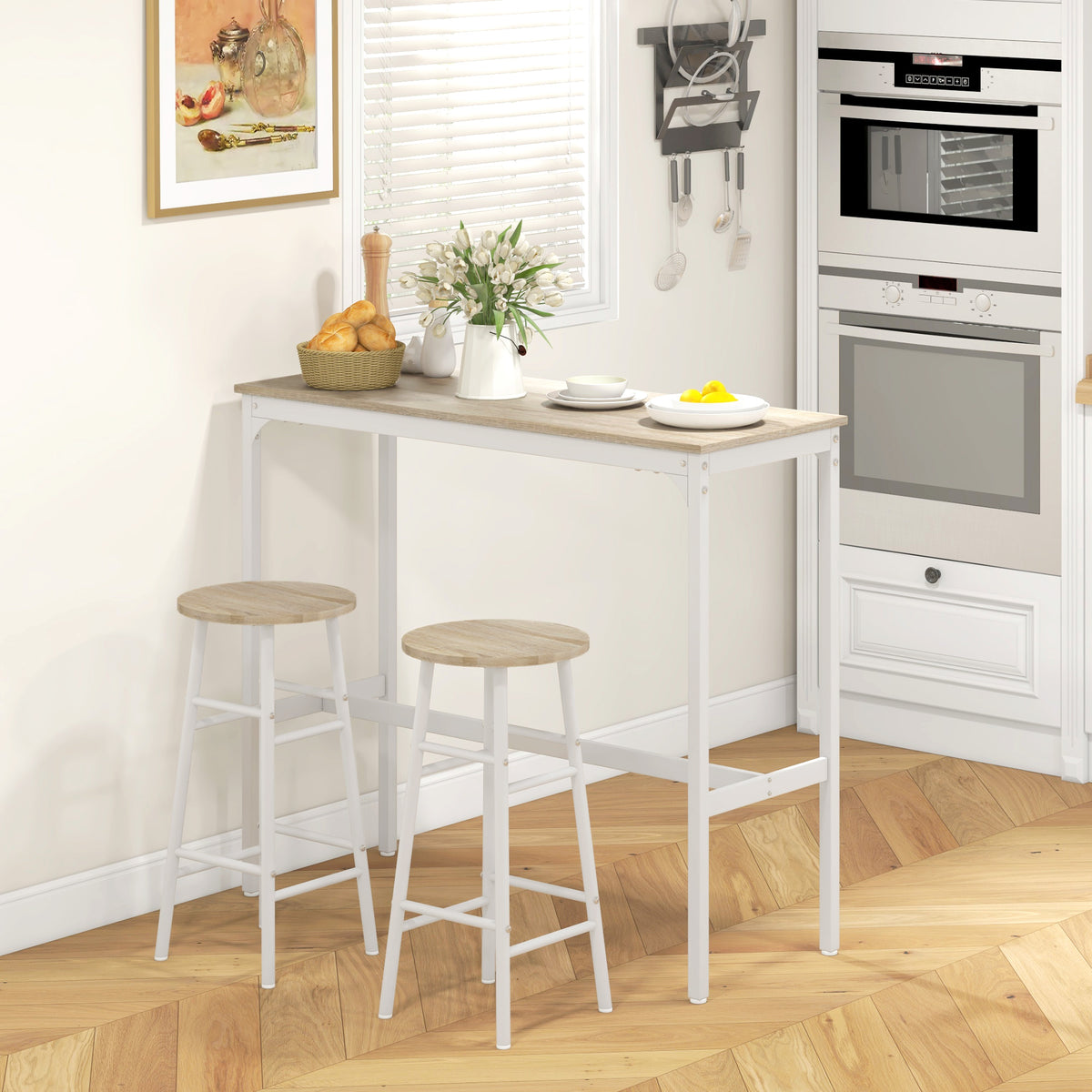 Ensemble table haute de bar + 2 tabourets structure en acier plateau aspect bois naturel 2 personnes blanc-1