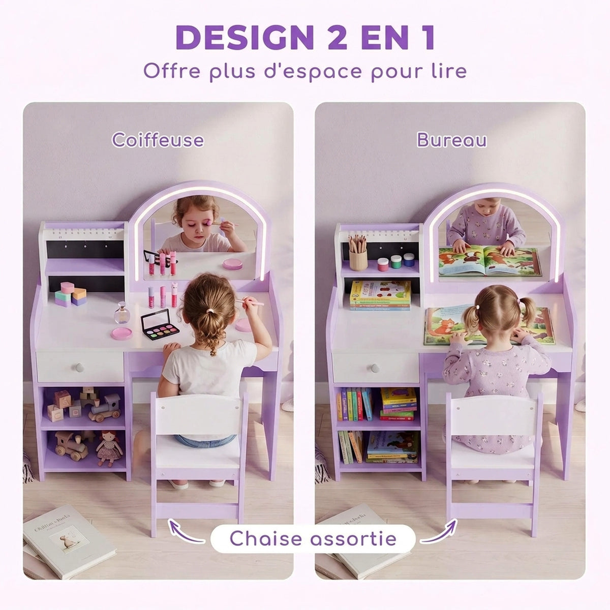 Coiffeuse pour Enfants avec Tabouret et Miroir en Acrylique à Éclairage Bicolore Coiffeuse Bureau Fille 3-8 Ans Violet-6