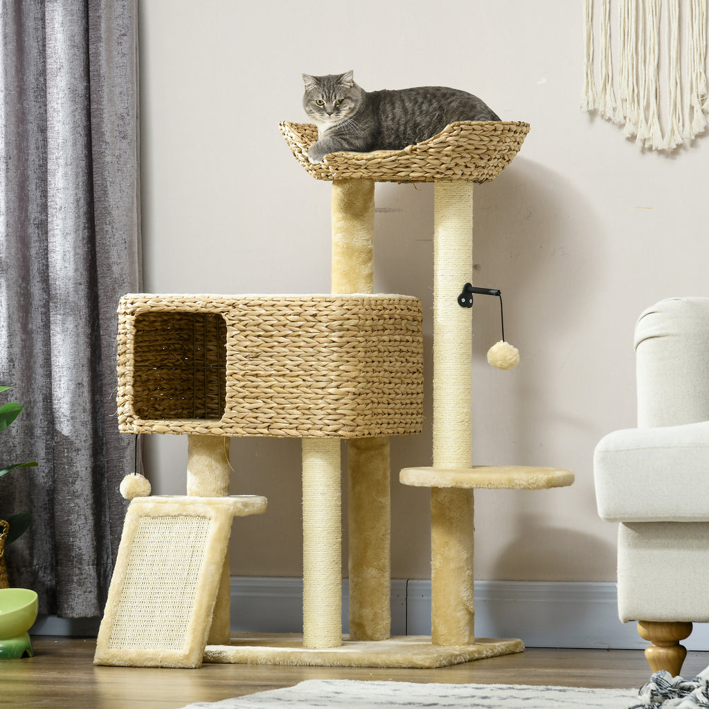 Arbre à chat avec griffoir niche panier d'observation plateformes pompon suspendus 60 x 40 x 98 cm beige-9