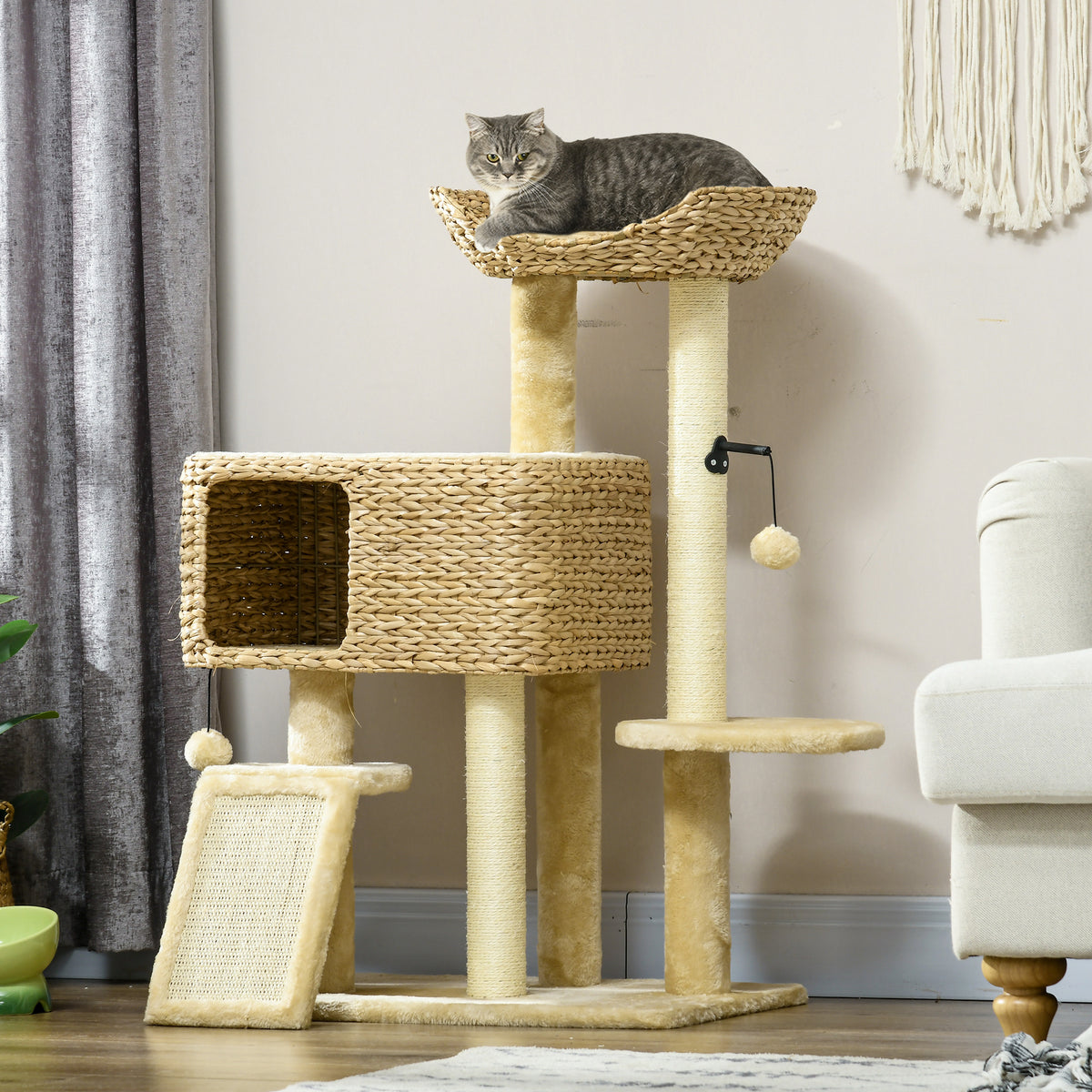 Arbre à chat avec griffoir niche panier d'observation plateformes pompon suspendus 60 x 40 x 98 cm beige-9