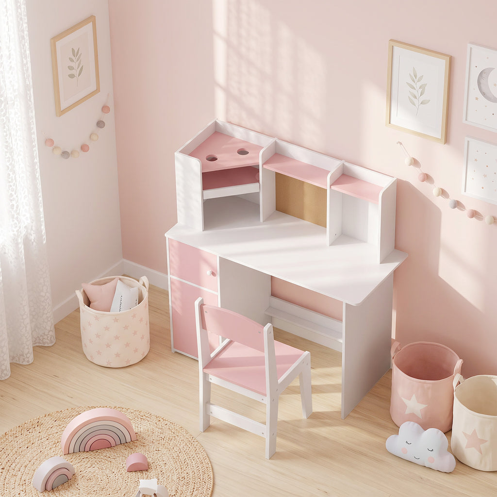 Bureau Enfant avec Chaise, Table d'Étude, Support de Tablette Réglable, Porte-Stylos, Panneau en Liège, 5-12 ans, Rose-1