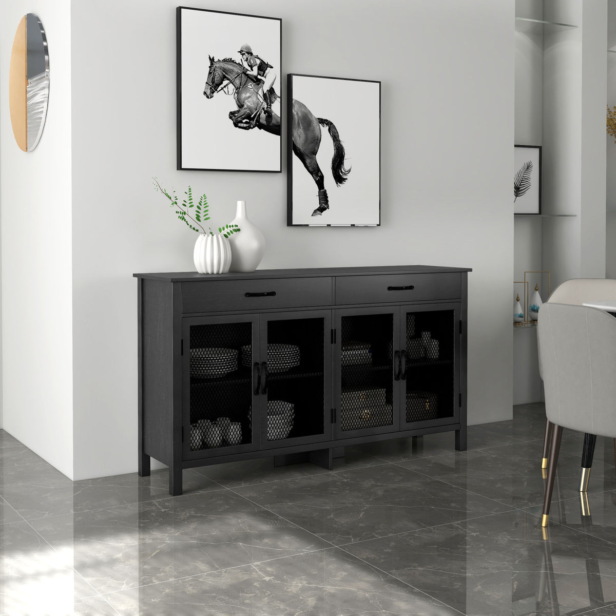 Buffet bas meuble de rangement 4 portes avec étagères réglables et 2 tiroirs style industriel 150 x 40 x 85 cm noir-1