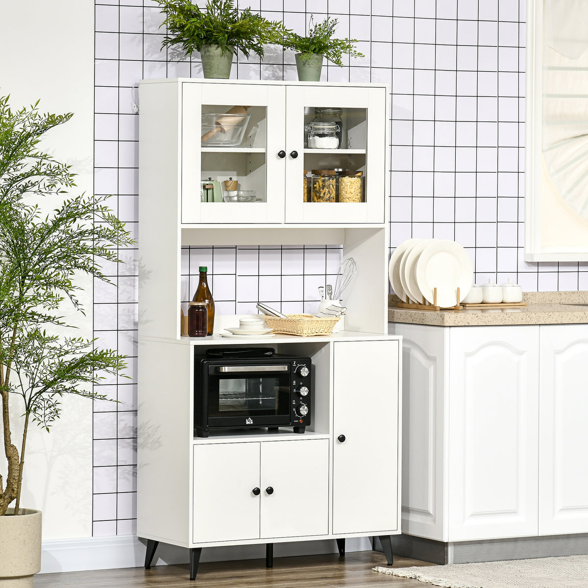 Armoire de cuisine avec 3 placards, niches, étagères réglables, portes vitrées, passe-câble, 90x40x180cm, blanc-1