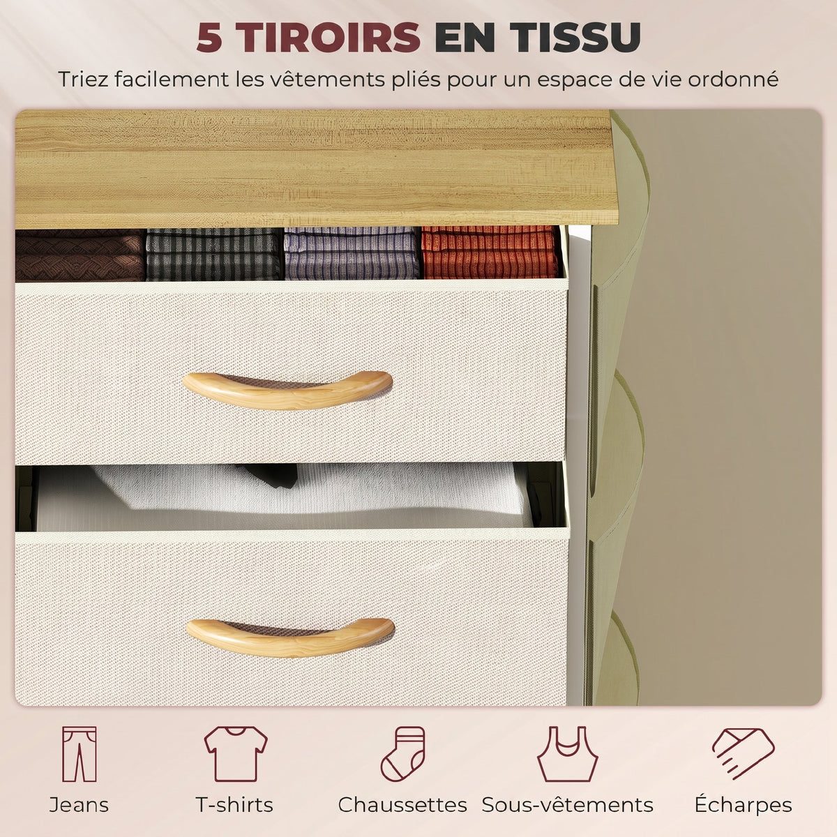 Commode 5 tiroirs en tissu, meuble de rangement avec 4 poches, 2 crochets, structure en acier, 45 x 30 x 94,5 cm, beige-3